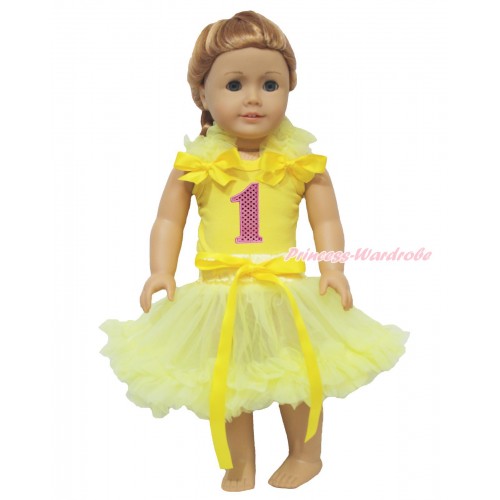 Yellow Tank Top Yellow Ruffles & Bows & 1st Sparkle Light Pink Birthday Number & Yellow Pettiskirt American Girl Doll Outfit DO078