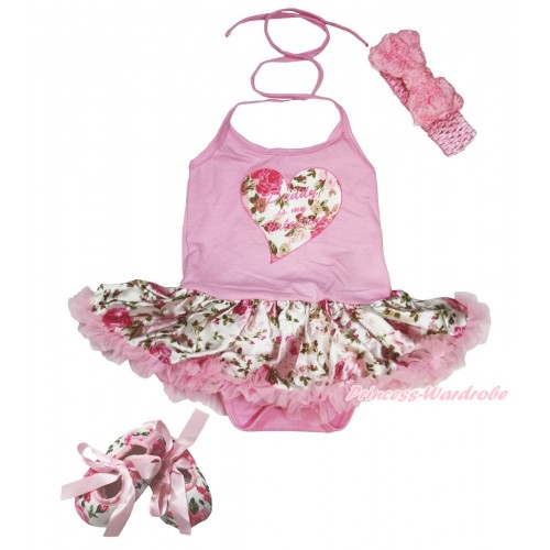 Valentine's Day Light Pink Baby Halter Jumpsuit Light Pink Rose Fusion Pettiskirt & Daddy Is My Valentine Roes Heart & Light Pink Headband Romantic Rose Bow & Light Pink Ribbon Rose Fusion Shoes JS4258