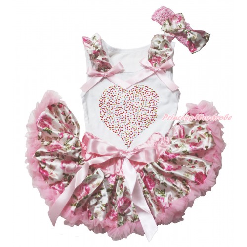 Valentine's Day White Baby Pettitop Light Pink Rose Fusion Ruffles Light Pink Bows & Sparkle Crystal Bling Rhinestone Rainbow Heart Print & Light Pink Rose Fusion Newborn Pettiskirt & Light Pink Headband Rose Fusion Satin Bow NG1351 