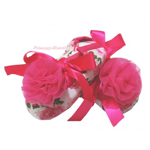 Valentine's Day Light Pink Rose Fusion & Hot Pink Ribbon Crib Shoes & Hot Pink Rosettes S648