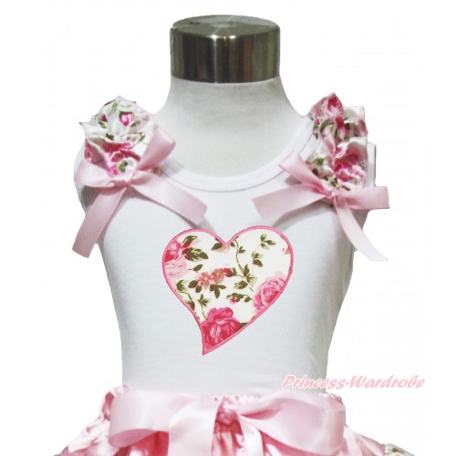 Valentine's Day White Tank Top Light Pink Rose Ruffles Light Pink Bow & Light Pink Rose Heart Print TB1000