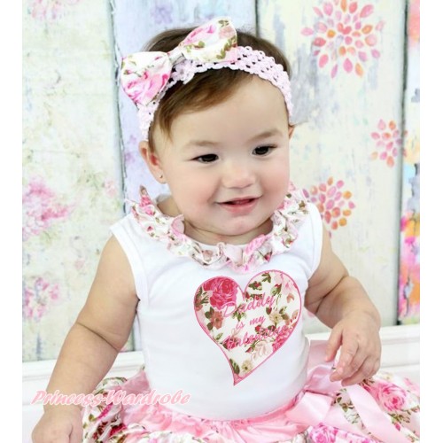 Valentine's Day White Tank Tops Light Pink Rose Fusion Satin Lacing & Daddy Is My Valentine Rose Heart Print TB1001