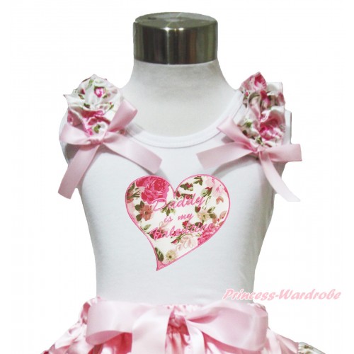 Valentine's Day White Tank Top Light Pink Rose Ruffles Light Pink Bow & Daddy Is My Valentine Rose Heart Print TB999