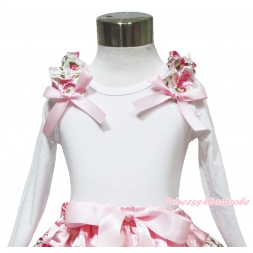 Valentine's Day White Long Sleeves Top Light Pink Rose Ruffles Light Pink Bow TW551