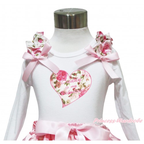 Valentine's Day White Long Sleeves Top Light Pink Rose Ruffles Light Pink Bow & Daddy Is My Valentine Rose Heart TW552