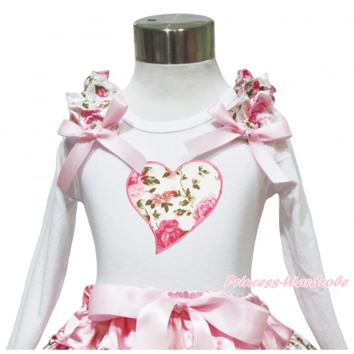 Valentine's Day White Long Sleeves Top Light Pink Rose Ruffles Light Pink Bow & Light Pink Rose Heart TW553