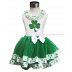 St Patrick's Day White Tank Top Clover Satin Lacing & Clover Print & White Bow Kelly Green Clover Satin Trimmed Tutu Pettiskirt MG1476