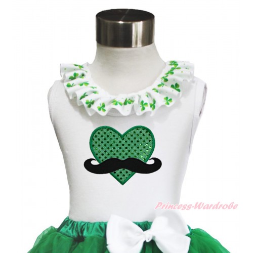 St Patrick's Day White Tank Top Clover Satin Lacing & Mustache Sparkle Kelly Green Heart TB1036