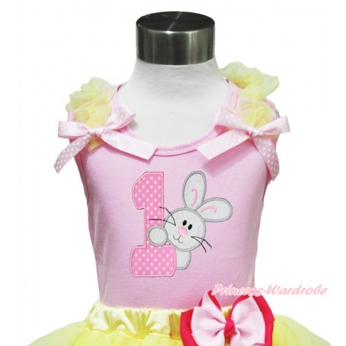 Easter Light Pink Tank Top Yellow Ruffles Light Pink White Dots Bow & 1st Rabbit Birthday Number Print TP241