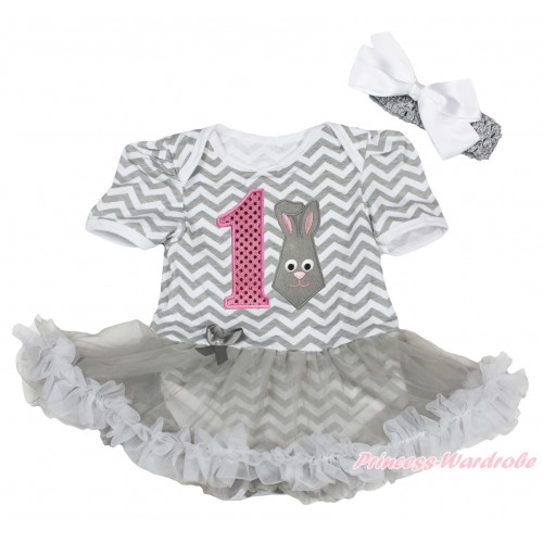 Easter Grey White Chevron Baby Bodysuit Grey Pettiskirt & 1st Sparkle Light Pink Birthday Number Grey Rabbit Print JS4322