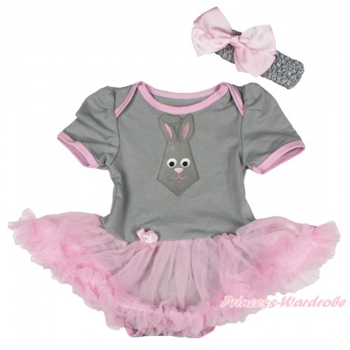 Easter Grey Baby Bodysuit Light Pink Pettiskirt & Grey Rabbit Tie Print JS4323