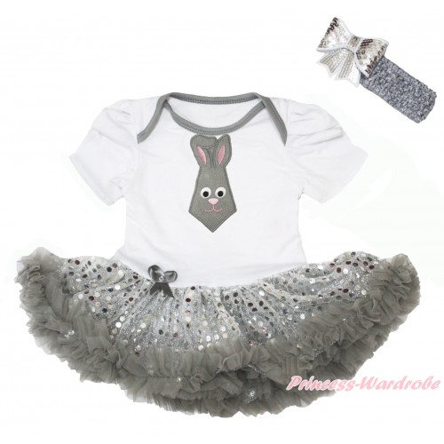 Easter White Baby Bodysuit Sparkle Grey Sequins Pettiskirt & Grey Rabbit Tie Print JS4326