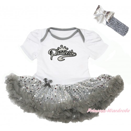 White Baby Bodysuit Sparkle Grey Sequins Pettiskirt & Sparkle Grey Princess Print JS4327