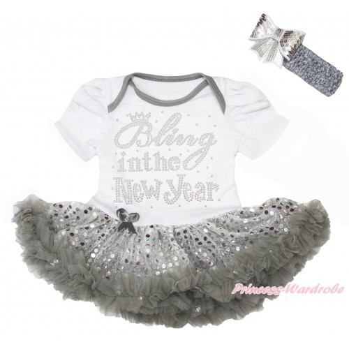 White Baby Bodysuit Sparkle Grey Sequins Pettiskirt & Sparkle Rhinestone Bling In The New Year Print JS4328