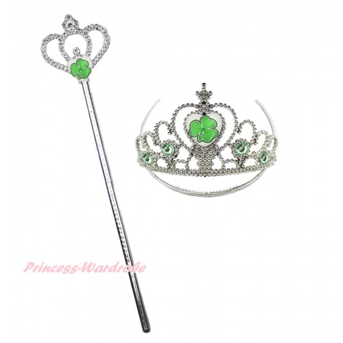 St Patrick's Day Clover Crown Wand & Clover Light Green Crystal Crown Costume Set K27