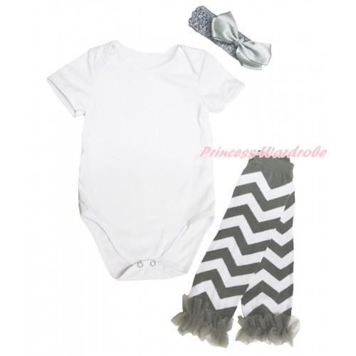 White Baby Jumpsuit & Grey Headband Silk Bow & Grey Ruffles Grey White Chevron Leg Warmer Set TH552