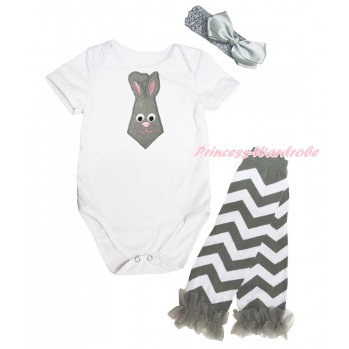 White Baby Jumpsuit Grey Rabbit Tie Print & Grey Headband Silk Bow & Grey Ruffles Grey White Chevron Leg Warmer Set TH553