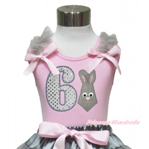 Easter Light Pink Tank Top Grey Ruffles Light Pink Bow & 6th Sparkle White Birthday Number Grey Rabbit Print TP249