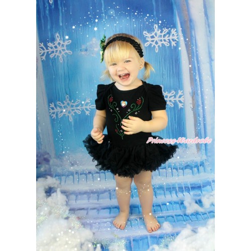 Frozen Black Baby Bodysuit Pettiskirt & Sparkle Rhinestone Princess Anna & Heart Print JS4335