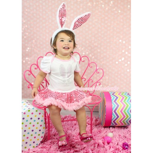 Easter White Baby Bodysuit Sparkle Light Pink Sequins Pettiskirt & Sparkle Rhinestone Bunny Rabbit Print JS4336