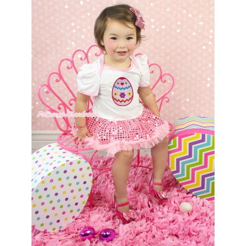 Easter White Baby Bodysuit Sparkle Light Pink Sequins Pettiskirt & Easter Egg Print JS4337