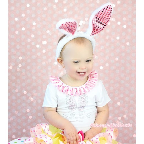 Easter White Short Sleeves Top Light Hot Pink Dots Lacing & Sparkle Rhinestone Bunny Rabbit Print TS60
