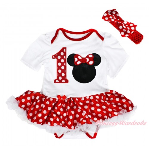 White Baby Bodysuit Minnie Dots White Pettiskirt & 1st Minnie Dots Birthday Number & Red Minnie Print JS4920