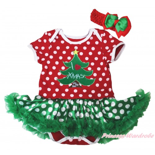 Christmas Minnie Dots Baby Bodysuit Green White Dots Pettiskirt & I Love Xmas Tree Print JS4924