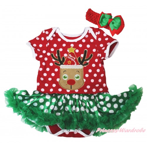 Christmas Minnie Dots Baby Bodysuit Green White Dots Pettiskirt & Red Hat Reindeer Print JS4926