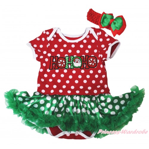 Christmas Minnie Dots Baby Bodysuit Green White Dots Pettiskirt & HOHOHO Santa Claus Print JS4927