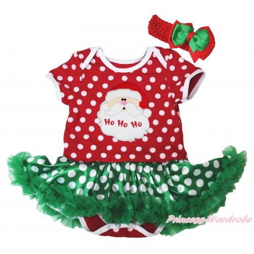 Christmas Minnie Dots Baby Bodysuit Green White Dots Pettiskirt & Santa Claus Print JS4928