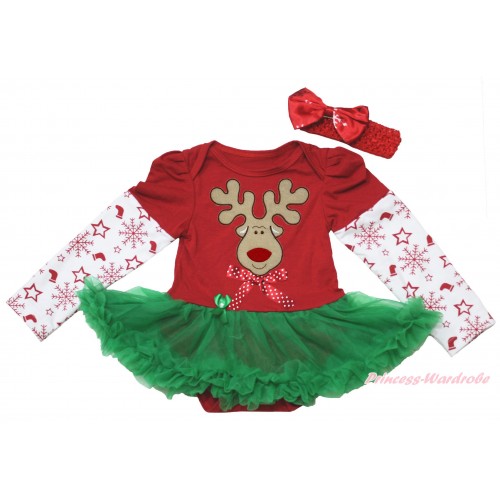 Christmas Max Style Snowflakes Long Sleeve Red Baby Bodysuit Kelly Green Pettiskirt & Christmas Reindeer & Minnie Dots Bow Print JS4930