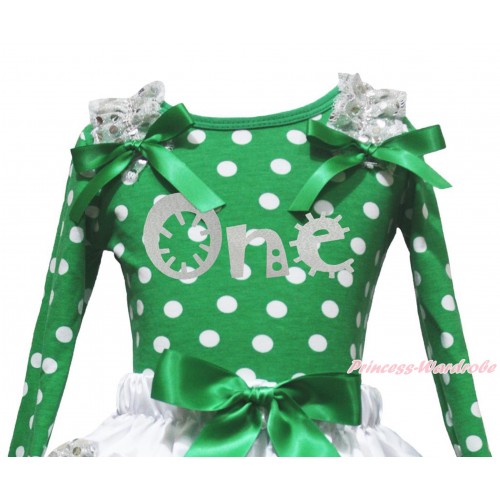 Kelly Green White Dots Top White Sequins Ruffles Kelly Green Bow & Sparkle Grey One Painting TB1392