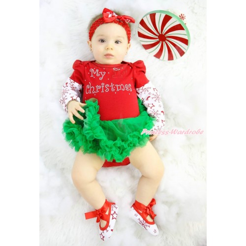 Xmas Max Style Snowflakes Long Sleeve Red Baby Bodysuit Kelly Green Pettiskirt & Rhinestone My 1st Christmas Print & Headband & Shoes JS4912