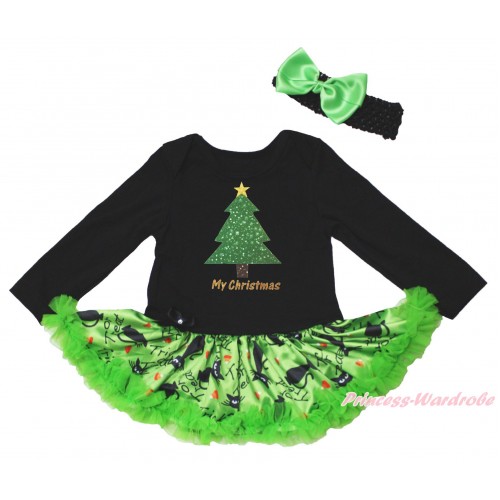 Christmas Black Long Sleeve Bodysuit Green Black Cat Pettiskirt & My Christmas Tree Painting JS4820