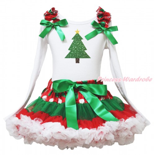 Xmas White Long Sleeve Top Red White Green Dots Ruffles Kelly Green Bow & Christmas Tree Painting & Red White Green Dots Pettiskirt MW589