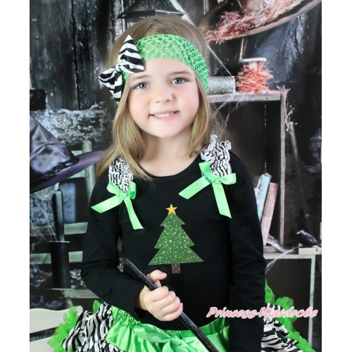 Xmas Black Long Sleeves Top Zebra Ruffles Dark Green Bow & Christmas Tree Painting TO388