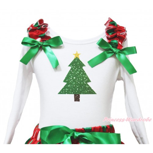 Xmas White Long Sleeves Top Red White Green Dots Ruffles Kelly Green Bow & Christmas Tree Painting TW528