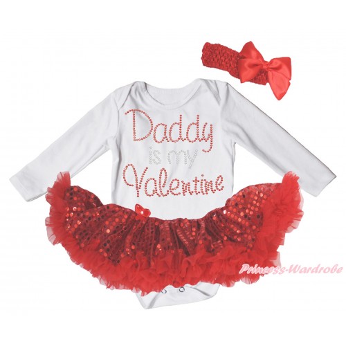 Valentine's Day White Long Sleeve Bodysuit Bling Red Sequins Pettiskirt & Sparkle Rhinestone Daddy Is My Valentine Print JS4984