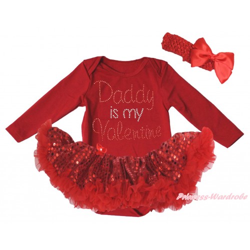 Valentine's Day Red Long Sleeve Bodysuit Bling Red Sequins Pettiskirt & Sparkle Rhinestone Daddy Is My Valentine Print JS4989