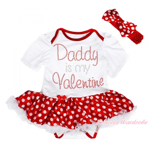 Valentine's Day White Baby Bodysuit Minnie Dots White Pettiskirt & Sparkle Rhinestone Daddy Is My Valentine Print JS4990