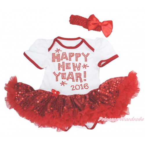 White Baby Bodysuit Bling Red Sequins Pettiskirt & Sparkle Rhinestone Happy New Year 2016 Print JS4992