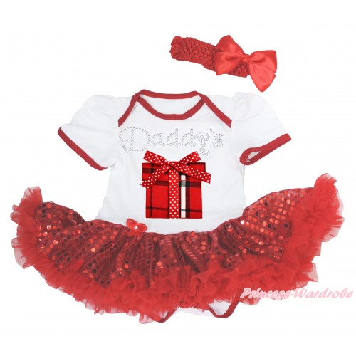 White Baby Bodysuit Bling Red Sequins Pettiskirt & Rhinestone Daddy's Gift Box Print JS4993