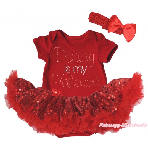 Valentine's Day Red Baby Bodysuit Bling Red Sequins Pettiskirt & Rhinestone Daddy Is My Valentine Print JS4995