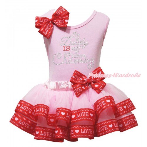 Father's Day Light Pink Tank Top Red LOVE Bow & Rhinestone My Daddy Is My Prince Chaming Print & Light Pink Red LOVE Trimmed Pettiskirt MG1946