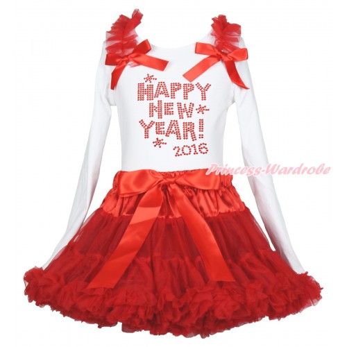 White Top Red Ruffles & Bow & Rhinestone Happy New Year 2016 Print & Red Pettiskirt MG1956