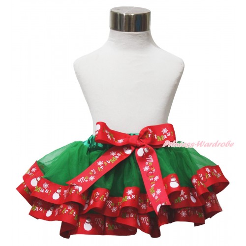 Xmas Kelly Green & Red Merry Christmas Trimmed Newborn Baby Pettiskirt & Bow N286