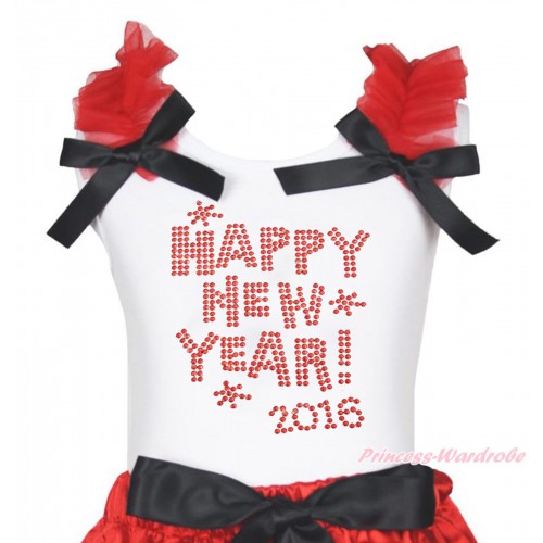White Tank Top Red Ruffles Black Bow & Sparkle Rhinestone Happy New Year 2016 Print TB1400