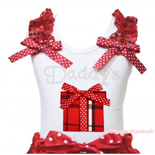 White Tank Top Red Sequins Ruffles Minnie Dots Bow & Rhinestone Daddy's Red White Checked Gift Box Print TB1401