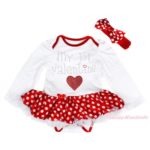 Valentine's Day White Long Sleeve Bodysuit Minnie Dots White Pettiskirt & Sparkle Rhinestone My 1st Valentine Red Heart Print JS4999